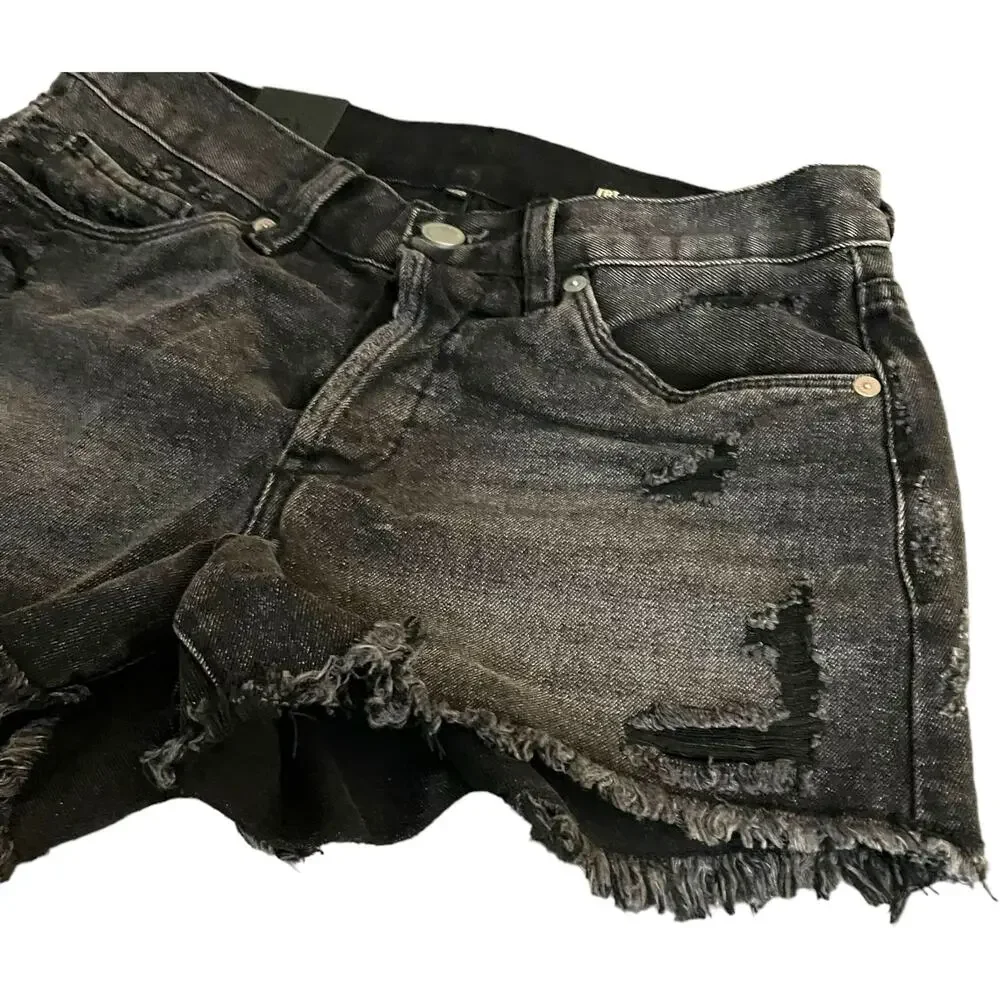Blank NYC Shorts Womens 26 Washed Black Distressed Denim Mid Rise Button Fly NWT - Picture 7 of 16